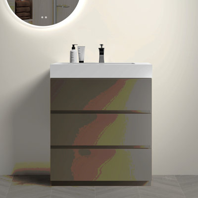 Meuble-lavabo autoportant de 36 po en noyer avec lavabo, grand meuble-lavabo autoportant pour salle de bain moderne, lavabo une pièce noir sans drain ni robinet, pré-assemblé