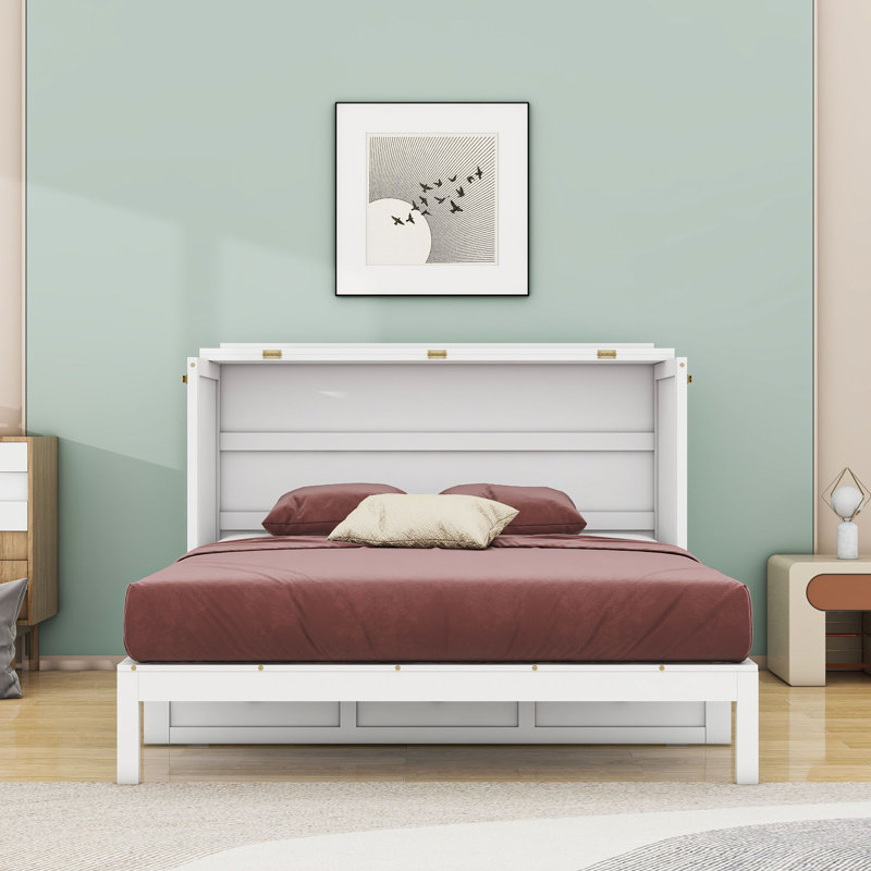 Lit escamotable avec tiroirs de rangement et lattes, Queen, Blanc