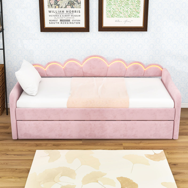 Twin XL Upholstered Daybed with LED Light and Twin Trundle, Pink