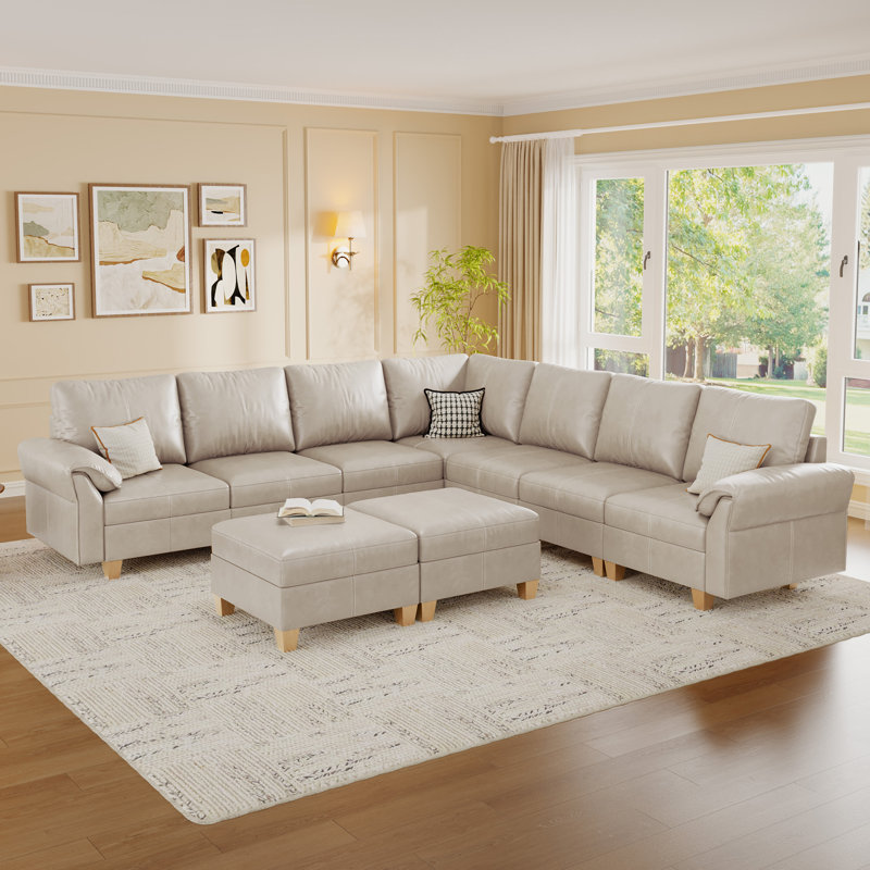 Canapé modulaire 120 po à 9 places en simili cuir avec rangement 120 po, gris, Grège