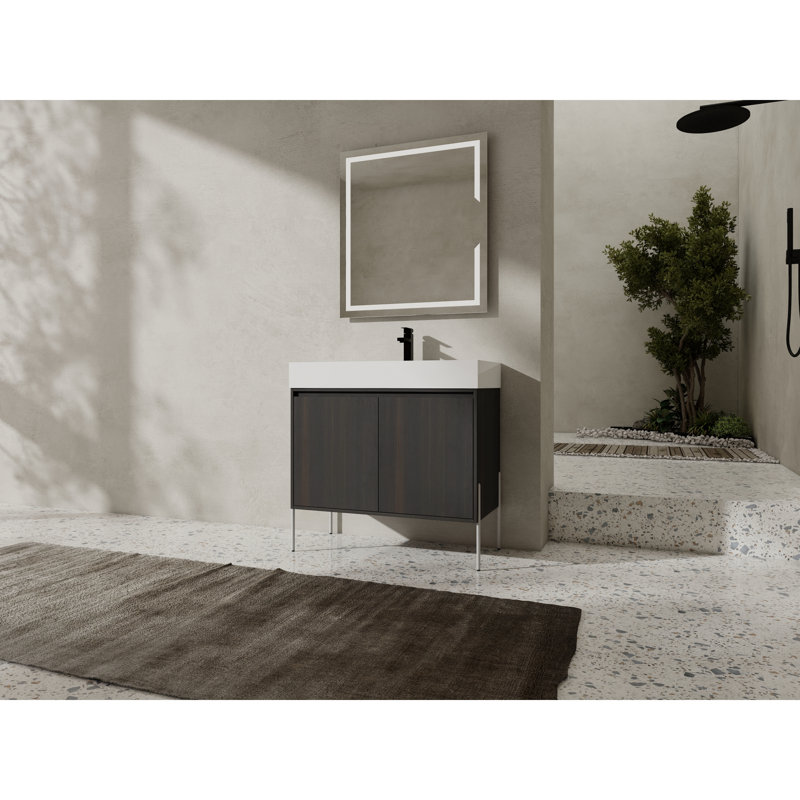 »Meuble-lavabo autoportant avec lavabo en résine et armoire de rangement avec portes à fermeture en douceur (kd-paquet)