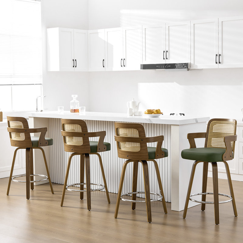 26.77" Upholstered Cane Back Counter & Bar Stool With Armrest, Green, 4