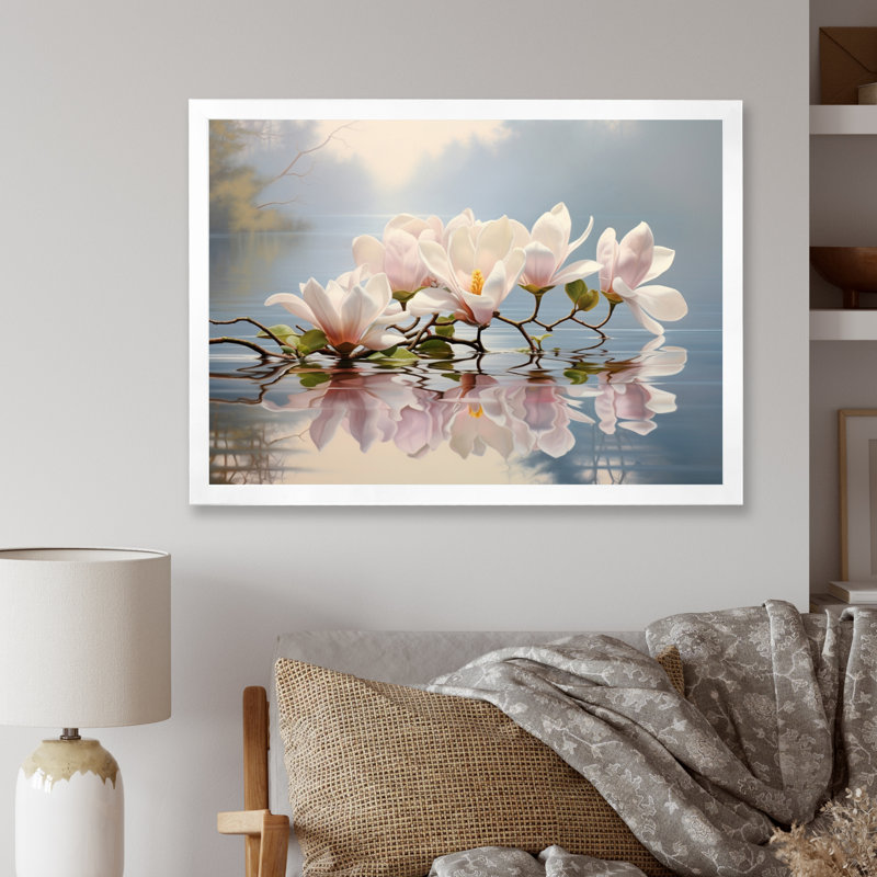 Blanc blanc gris Magnolias Magnolia Reflections I - Magnolias, art mural, H 30 po x l 40 po x P 1,5 po, Cadre simple blanc