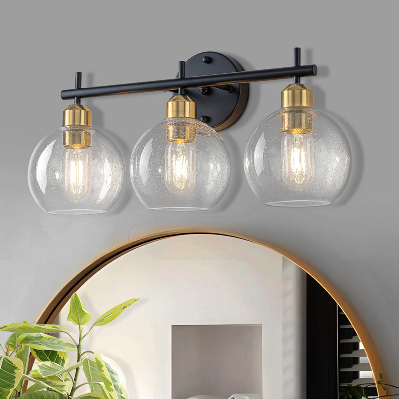 Éclairage de salle de bain à intensité variable 3 lumières avec globes en verre bullé, Noir mat / doré