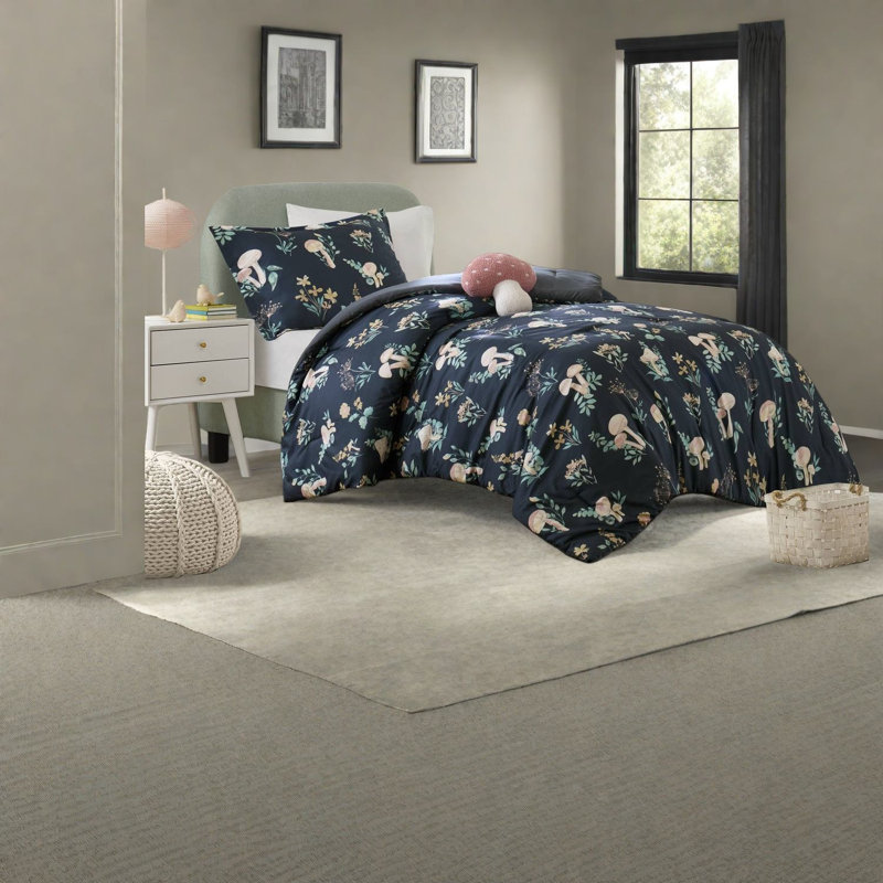 Hypoallergenic Microfiber Bedding Sets, Navy Multi Mushroom Design, Twin/twin Xl