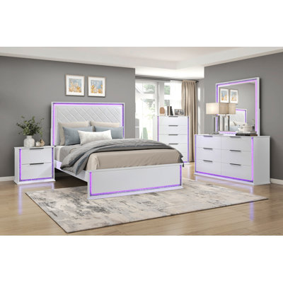 Contemporary Glam White Finish Queen Bed Upholstered Headboard LED Light 8-Colors Bedroom Furniture 1Pc