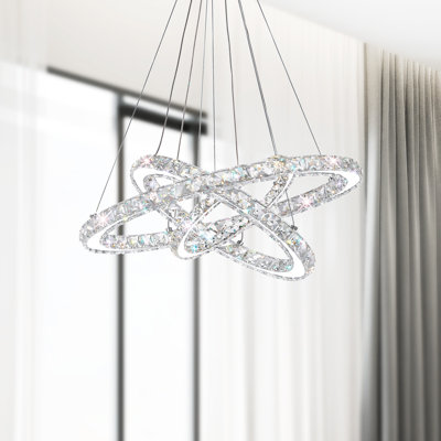 Ring 20-Inch LED Chandelier – Modern Triple Halo Crystal Pendant Light in Polished Chrome for Dining Room, Living Room, Bedroom, or Entryway