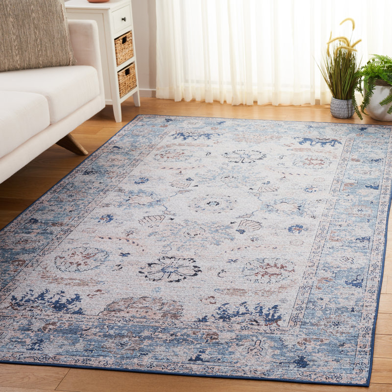 Tapis bleu / beige en polyester tissé à la machine Kerge, Rectangle de 5 pi x 8 pi