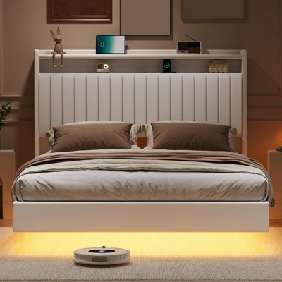Grand cadre de lit flottant avec lumières DEL et tête de lit avec rangement, cadre de lit au style minimaliste moderne pour chambre à coucher / maison de vacances, silencieux et sans sommier, facile à assembler