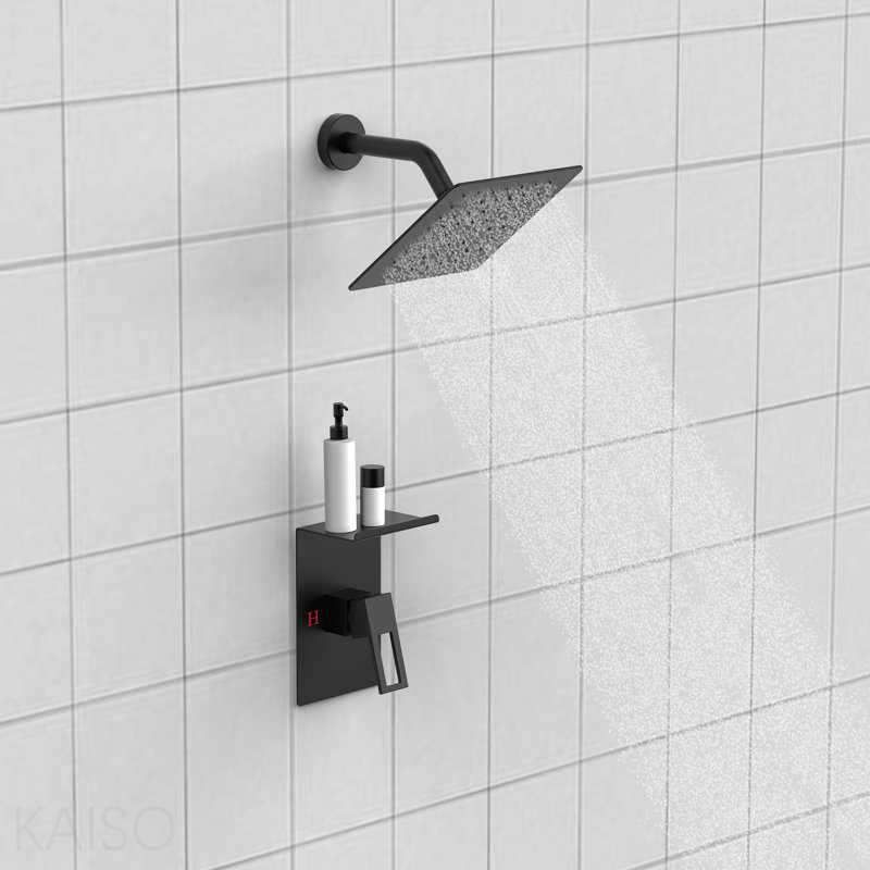 Robinet de douche avec support de rangement Ensemble de décoration de pomme de douche à jet de pluie de 8 pouces avec ensemble de robinet de douche à jet simple noir mat