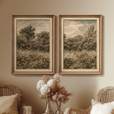Classic Meadow Landscape with Trees Wall Art – Set of 2 Premium Framed Wall Art Print on Paper 26"x36"
