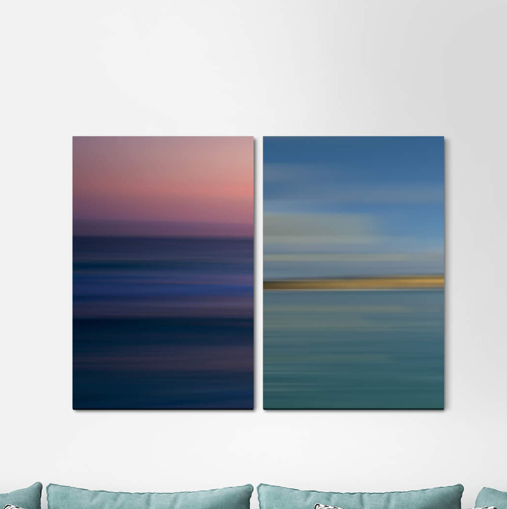 2-tlg. Leinwandbilder-Set - Grafikdruck „Pastel Shades Horizon Dark Blue Sunset Minimal Modern Stripes”