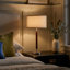 Carter 26 in. Mid-Century Modern Linen and Woodgrain LED Table Lamp