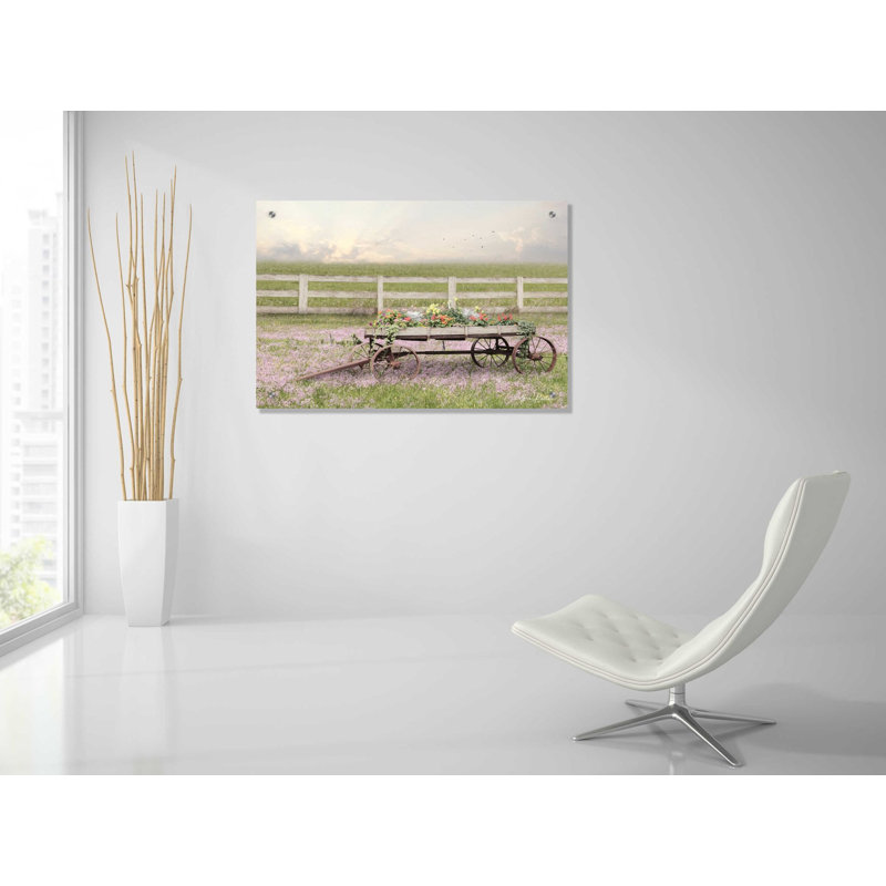 «Country Flower Wagon» par Lori Deiter, art mural en verre acrylique, H 24 po x l 36 po x P 0,2 po
