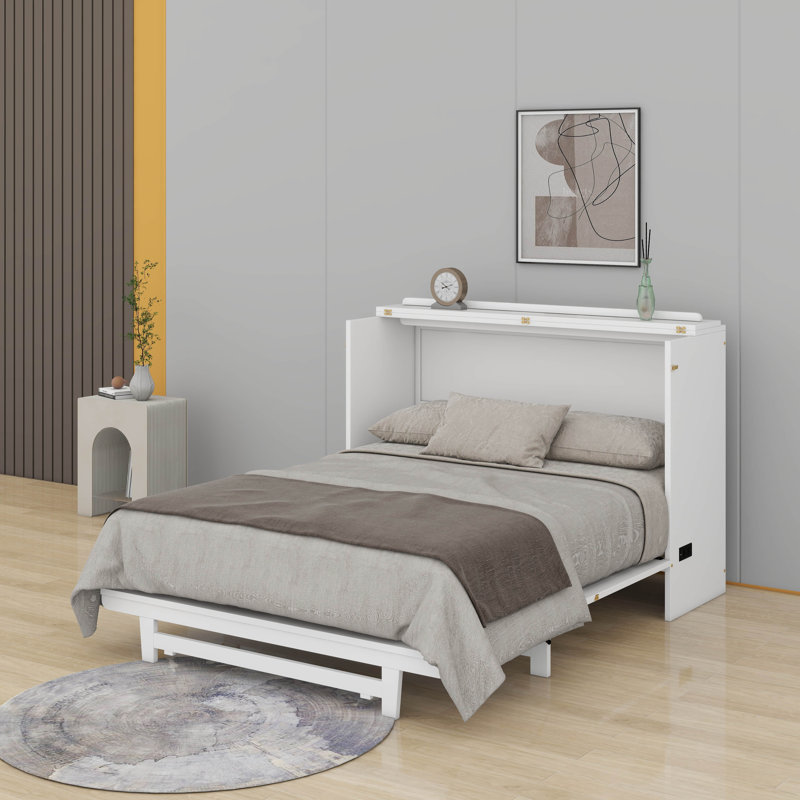 Grand lit escamotable avec tiroir, ports USB et prises de courant, Blanc, Grand lit
