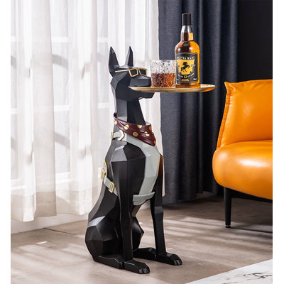 Geometric Sitting Dog Floor Figurine With Serving Tray Animal Accent Decor