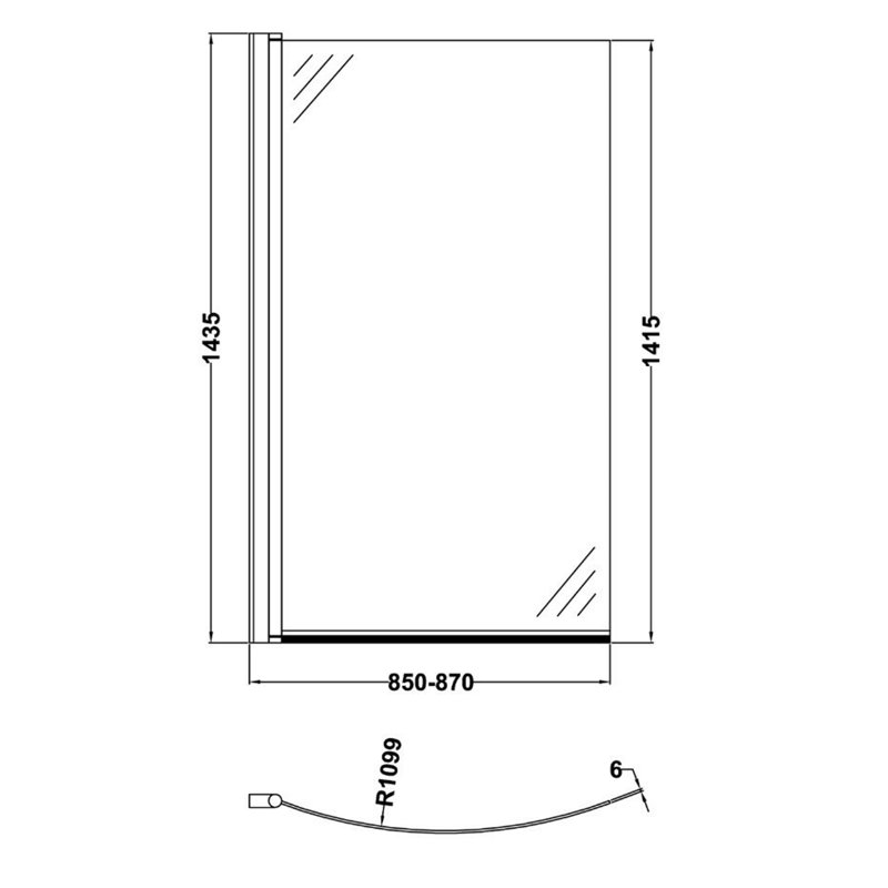 82mm 870mm W x 1435mm H Hinged Semi-Frameless Tub Door with Clear Glass