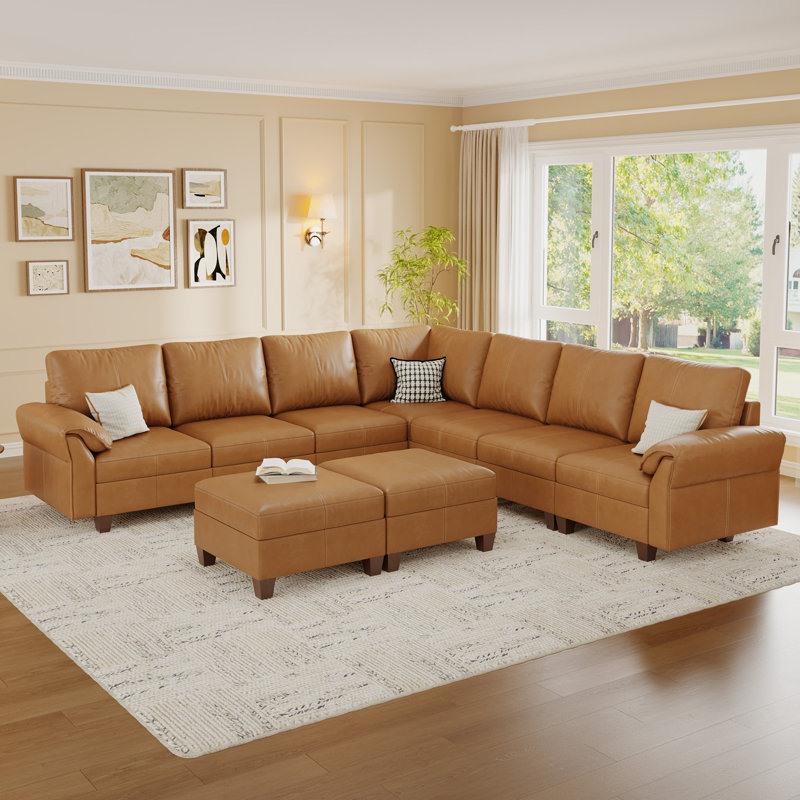 Canapé modulaire 120 po à 9 places en simili cuir avec rangement 120 po, brun, Brun