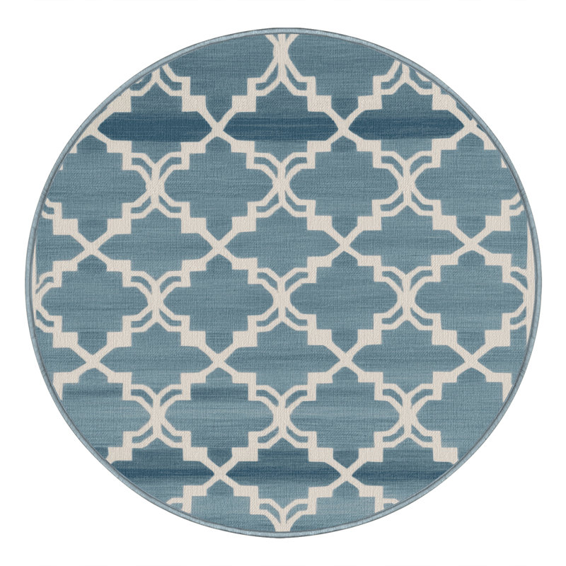 Machine Washable Trellis Blue Area Rug, Round 3'