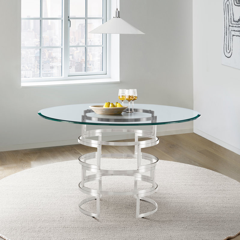 Table de salle à manger ronde 48 po avec base en métal et plateau en verre Deatsville, Argent