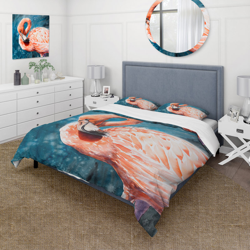 Flamants roses dans l'eau bleue II - Ensemble de housse de couette Farmhouse - Microfibre de polyester