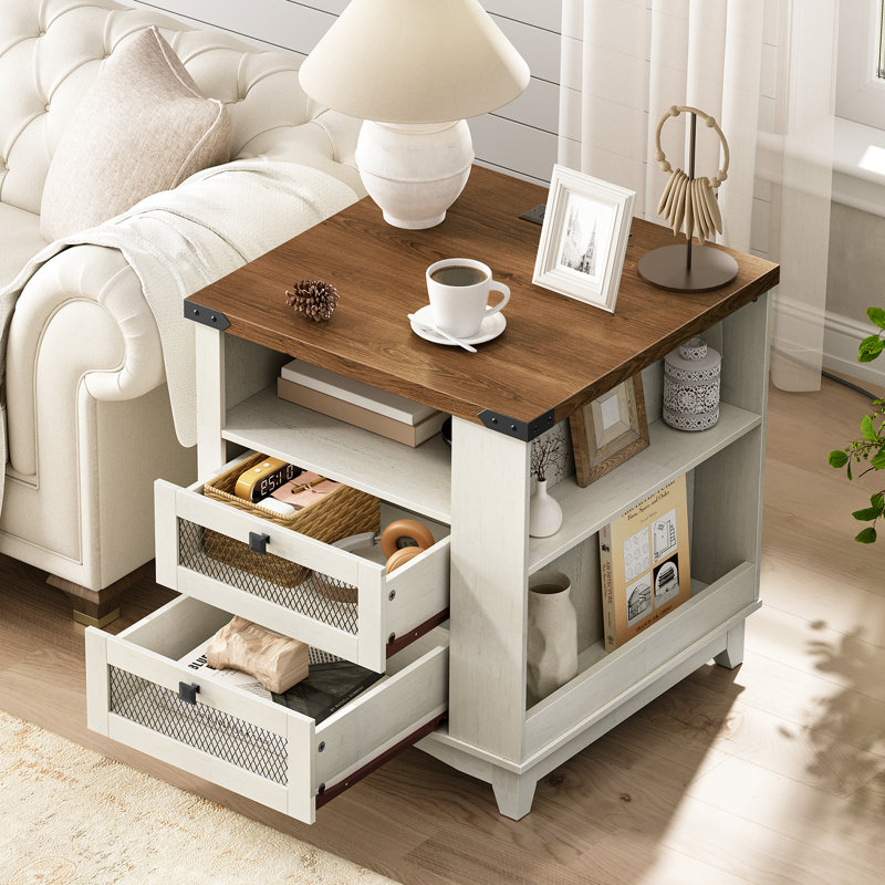 Brisson 23.6"W Farmhouse End Table with Charging Station and Storage, White/Walnut