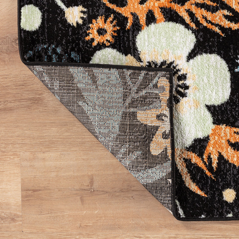 Tapis noir à motif floral multicolore, Tapis de couloir 2 pi 2 po x 12 pi