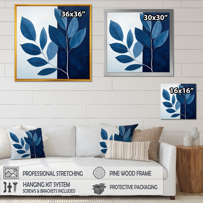 Blue Indigo Leaves Harmony I, Cadre simple noir, H 16 po x l 16 po x P 1 po