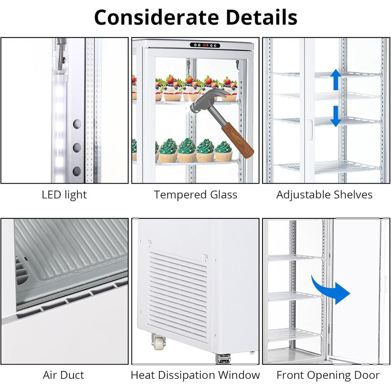 Commercial Refrigerator Display, 215L/7.6 Cu. Ft Display Refrigerator Pastry, Countertop/Floor Refrigerator, Double-Layered Glass Display Refrigerator with Wheels, Led Lights, Auto Defrost