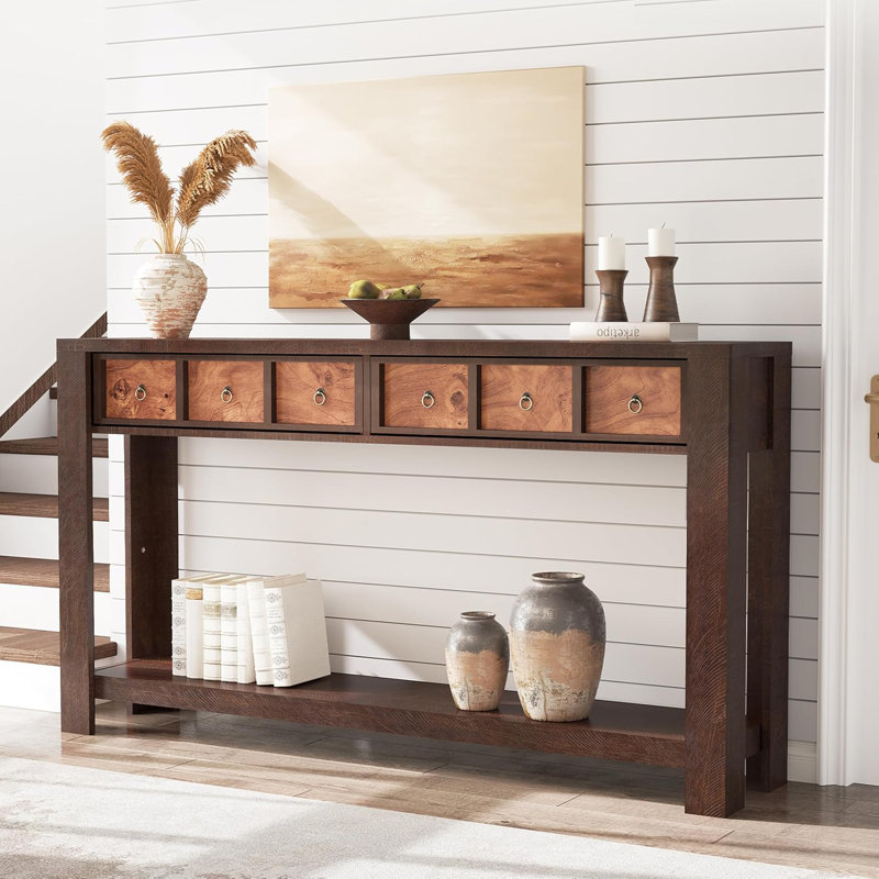 59'' Farmhouse Console Table Wooden Entryway Table with 2 Drawers & 2-Tier Open Storage Shelf