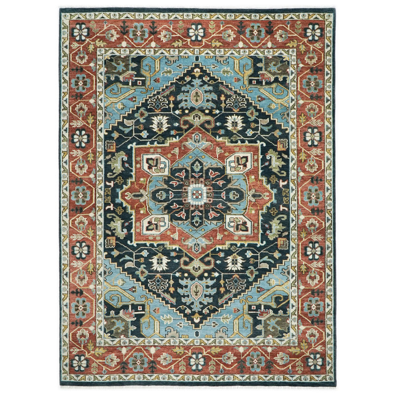 Tapis bleu en laine noué à la main 10 pi 2 po x 14 po