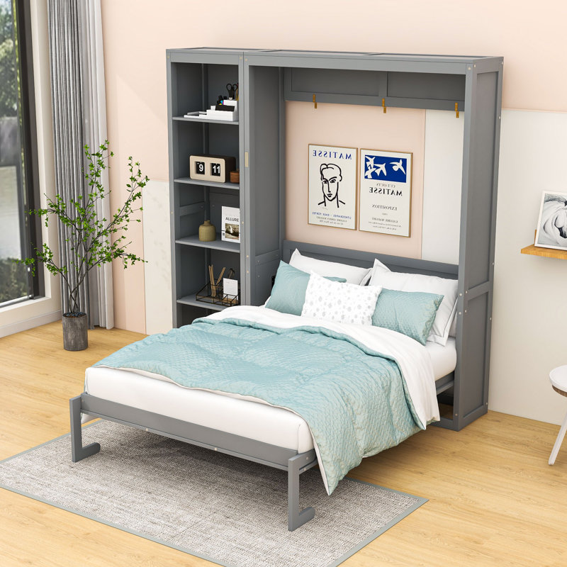 Lit escamotable en bois avec tablettes et tête de lit Goudelock, Grand, gris