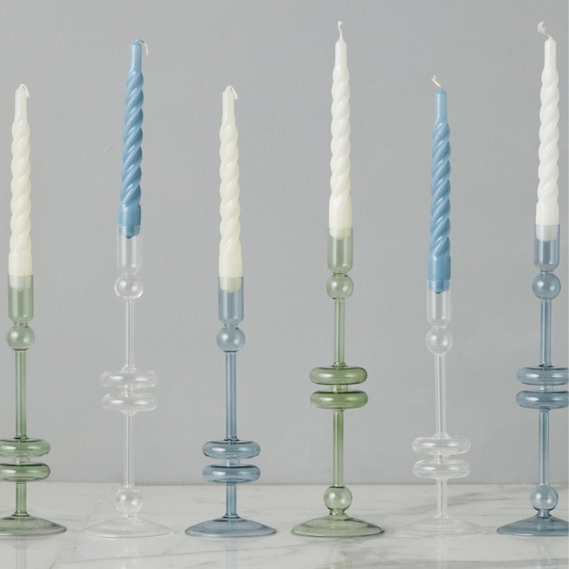 Glass Candlestick, 10" H x 4" W x 4" D, Clear