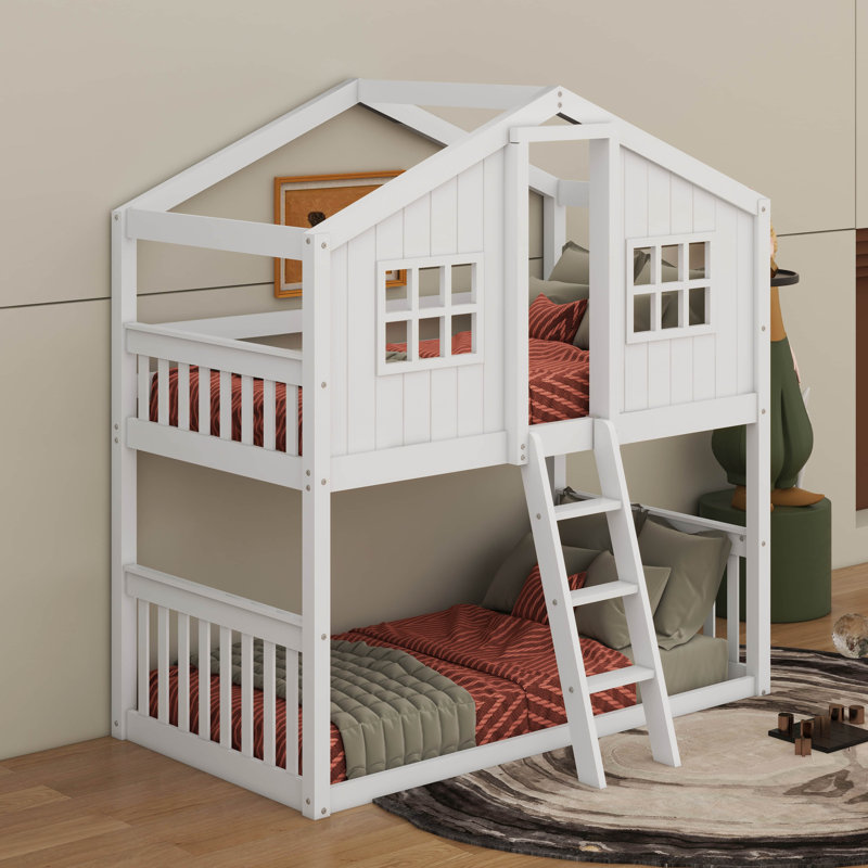Twin Over Twin House Bunk Bed With Ladder, White
