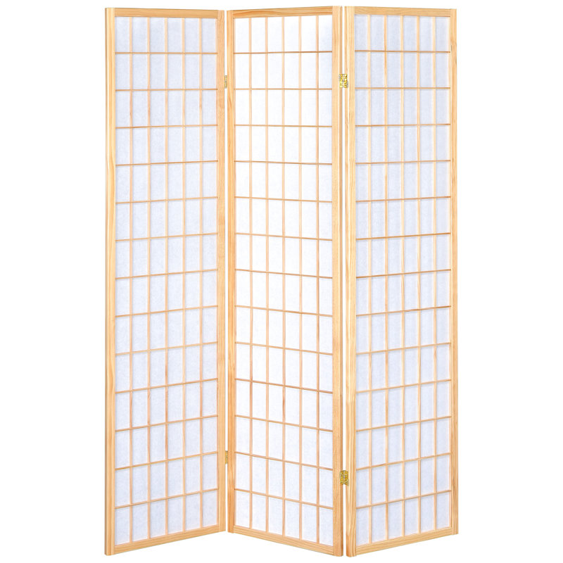Paravent pliant à 3 panneaux pour la division de pièce, finition naturelle sur bois et tissu, lueur diffuse en papier blanc, H 68,97 po, l 52 po, finition, aspect doux en bois d'hévéa, hauteur de 68,97 po, largeur 52