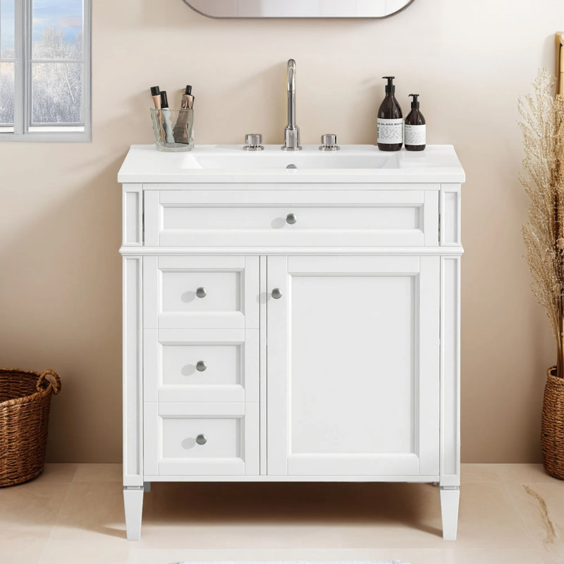 Meuble-lavabo de salle de bain 30 po avec lavabo supérieur, meuble-lavabo moderne avec 2 tiroirs et tiroir basculant, meuble-lavabo simple
