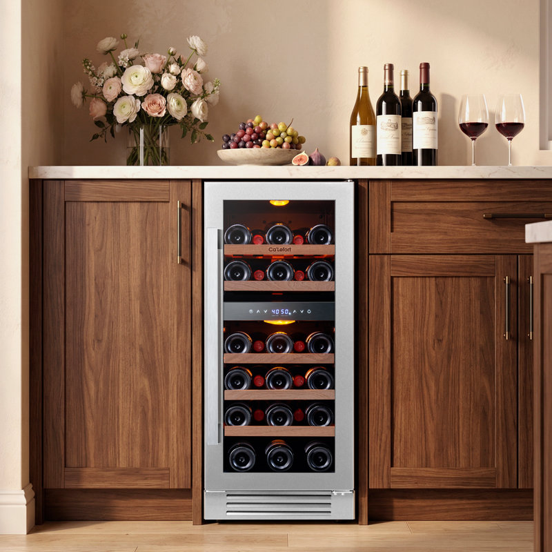 15" 28-Bottle Dual Zone Wine Cooler, Built-In & Freestanding, 3.0 Cu.Ft. Wine Refrigerator with 40°F–65°F Precise Temperature, Amber/Blue/White LED Lighting, UV-Protected Double Glass, Compressor & Fan Cooling, Removable Shelves,Thermostatic Wine Fridge