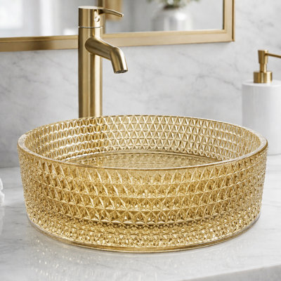 Scotch 14" Champagne Round Diamond Textured Glass Vessel Bathroom Sink - Timeless Collection