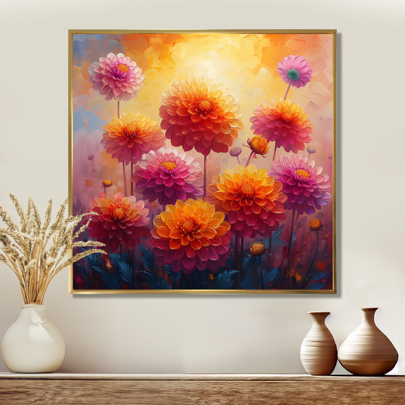 Décoration de dahlia orange orange rose coucher de soleil sur le terrain I - Dahlia, Cadre flottant doré, H 16 po x l 16 po