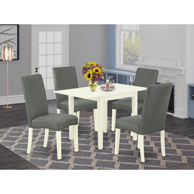 5 Piece Kitchen Table Set for 4 Includes a Rectangle Dining Room Table with Dropleaf and 4 Gray Linen Fabric Upholstered Chairs, Linen White