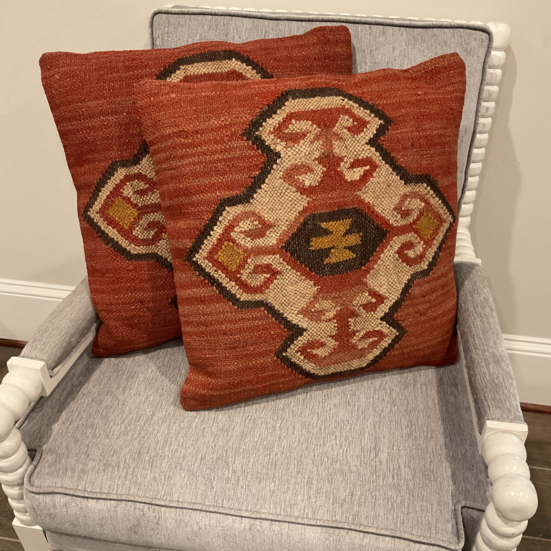 Ensemble de coussins décoratifs faits main en kilim Herat, Rouge, Géométrique