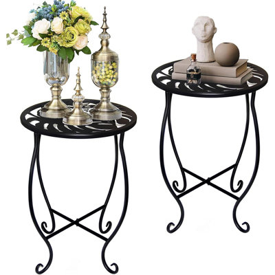 Ensemble de 2 petites tables d'appoint rondes d'extérieur / d'intérieur en métal, mini tables d'appoint résistantes aux intempéries pour patio, cour, porche, balcon, jardin, bord de piscine ou chevet, noir