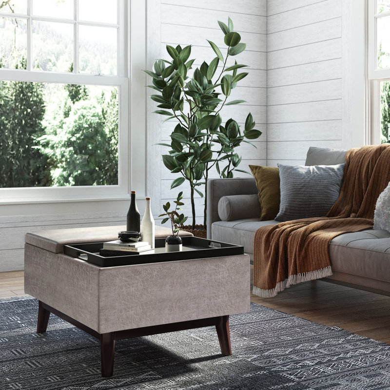 Owen Mid Century Modern Distressed Grey Storage Ottoman with Tray Top