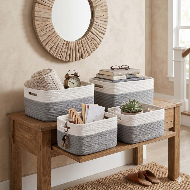 Ensemble de 4 paniers de rangement en corde de coton, étagères de rangement pour jouets et vêtements, Blanc / Gris