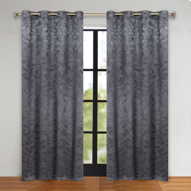 Finklea 100% Polyester Floral Room Darkening Grommet Curtain Panels, 52" W x 108" L, Charcoal