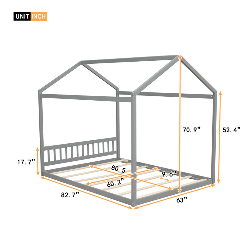 Grand lit maison en bois avec tête de lit, gris