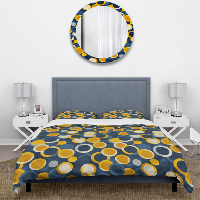 Ensemble de housse de couette bleu et jaune rétro Midcentury Circles I - Midcentury