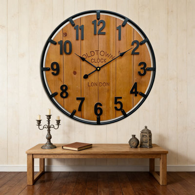 Large Farmhouse Wall Clock With Rustic Wooden Face And Metal Frame, Oversized Silent Retro Decorative Clock For Home And Office