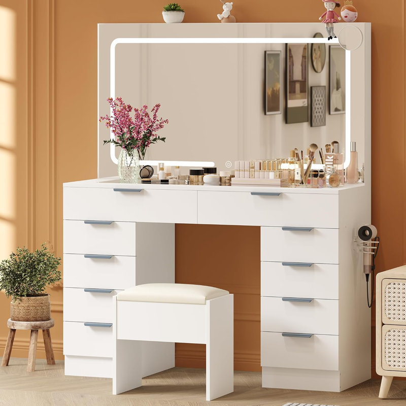 Coiffeuse moderne avec miroir lumineux, 10 tiroirs, prise de courant et tabouret - Bureau de maquillage réglable