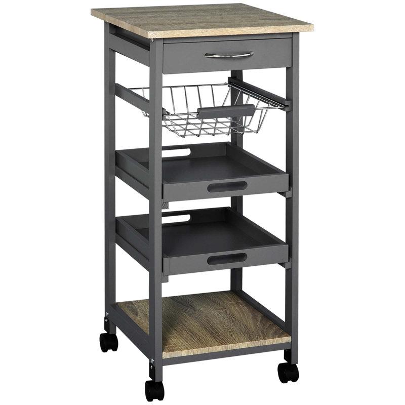 Mobile Rolling Kitchen Island Trolley Serving Cart With Underneath Drawer & Slide-Out Wire Storage Basket, Grey